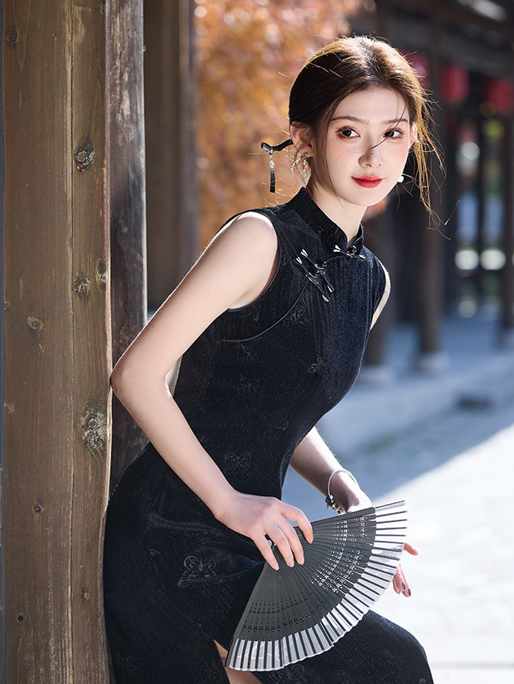 Summer Black Cheongsam Chinese Ladies Slim Sleeveless Dresses