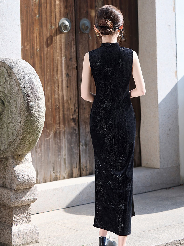 Summer Black Cheongsam Chinese Ladies Slim Sleeveless Dresses
