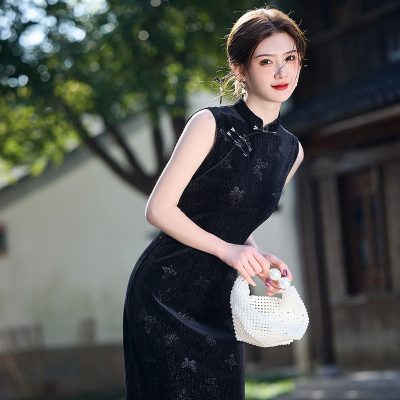 Summer Black Cheongsam Chinese Ladies Slim Sleeveless Dresses