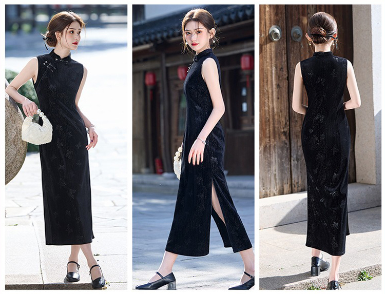 Summer Black Cheongsam Chinese Ladies Slim Sleeveless Dresses