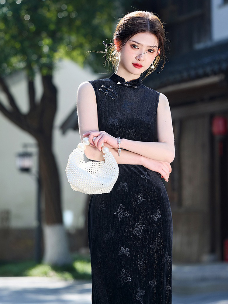 Summer Black Cheongsam Chinese Ladies Slim Sleeveless Dresses