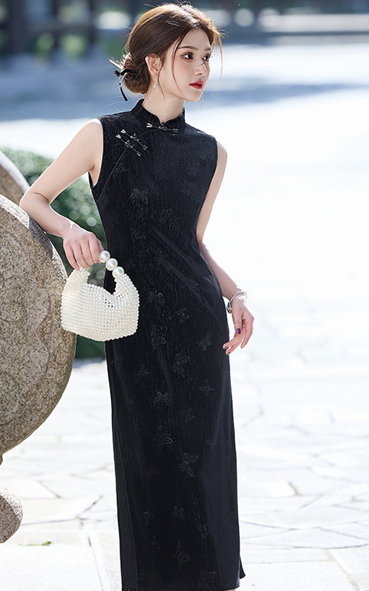 Summer Black Cheongsam Chinese Ladies Slim Sleeveless Dresses