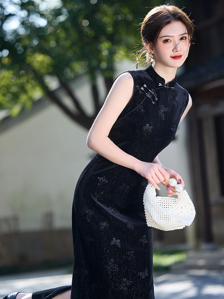 Summer Black Cheongsam Chinese Ladies Slim Sleeveless Dresses