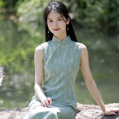 Summer Green Ladies Cheongsam Sleeveless Elegant Vintage Dresses