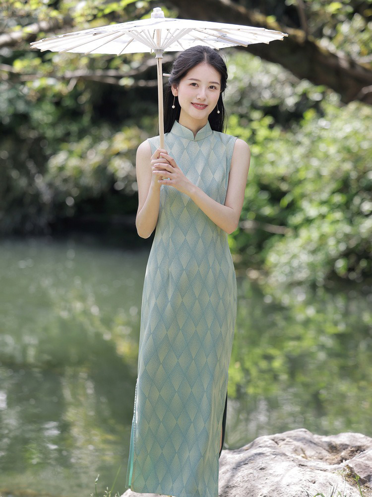 Summer Green Ladies Cheongsam Sleeveless Elegant Vintage Dresses
