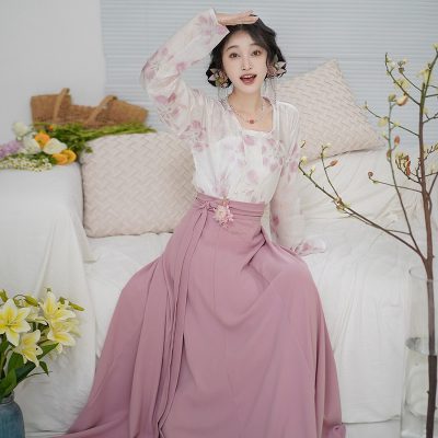 Summer Hanfu Ming Dynasty Style Women Shorts Set Round Neck Shirt