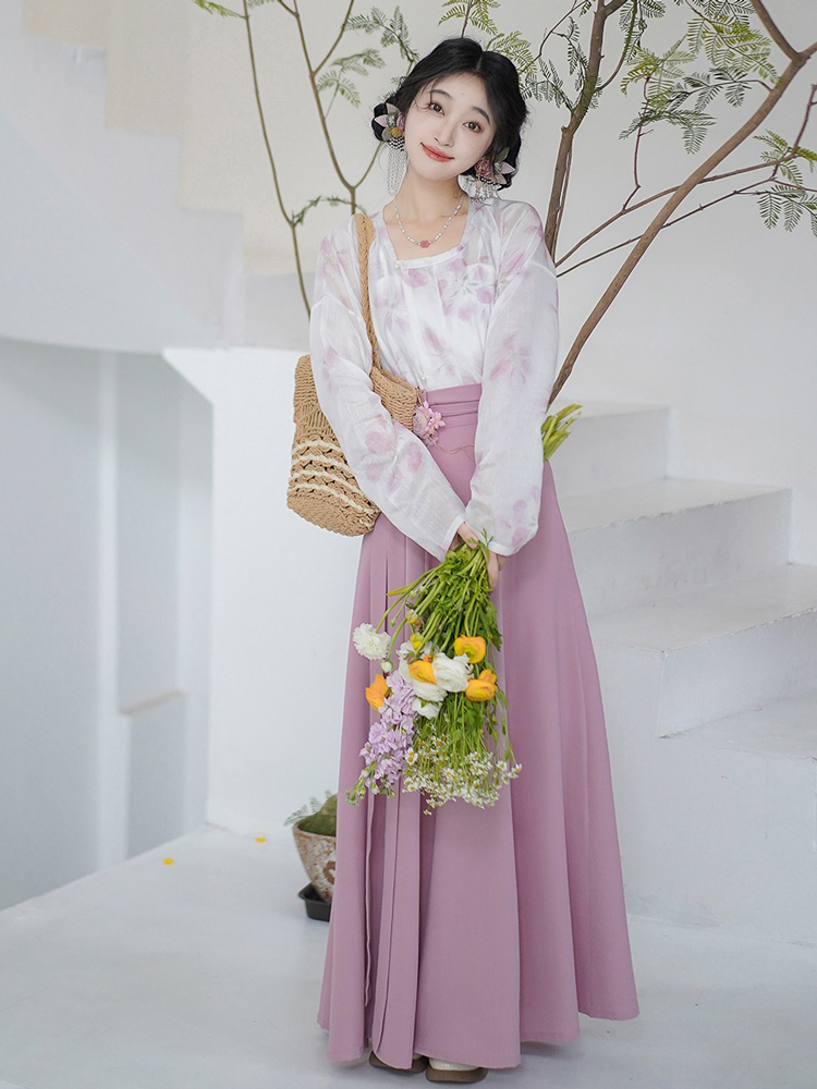 Summer Hanfu Ming Dynasty Style Women Shorts Set Round Neck Shirt