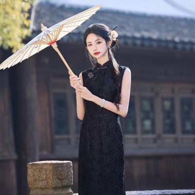 Summer Women Black Elegant Cheongsam Sleeveless Daily Dresses