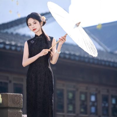 Summer Women Black Elegant Cheongsam Sleeveless Daily Dresses