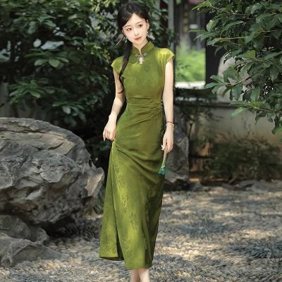 Summer Women Daily Green Jacquard Slim Cheongsam Dresses