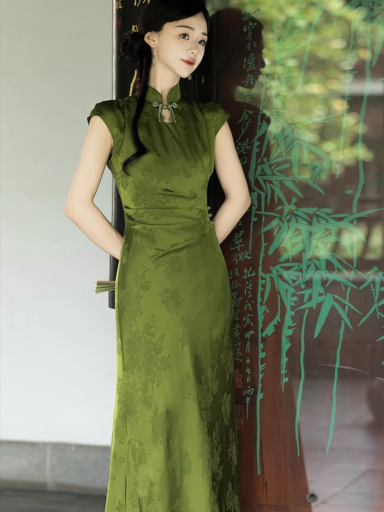 Summer Women Daily Green Jacquard Slim Cheongsam Dresses
