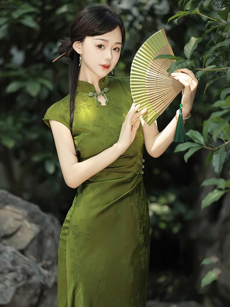 Summer Women Daily Green Jacquard Slim Cheongsam Dresses