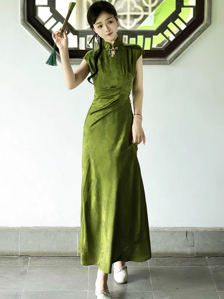 Summer Women Daily Green Jacquard Slim Cheongsam Dresses