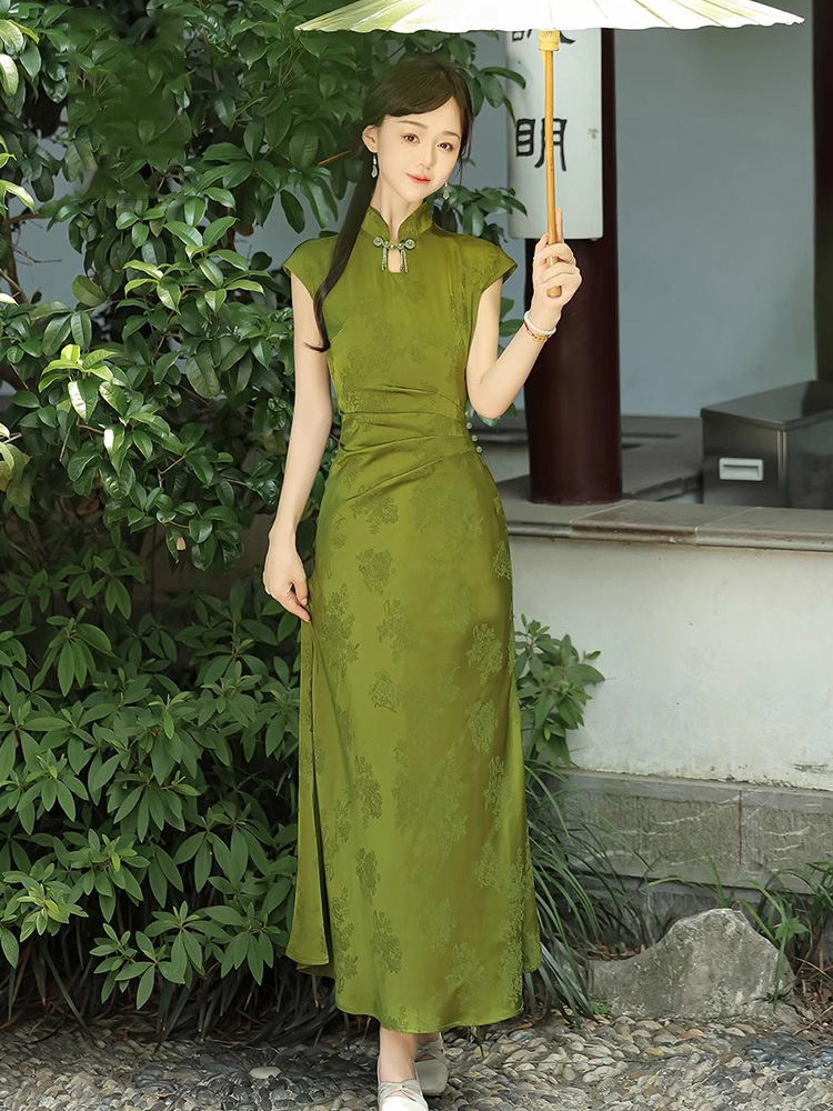 Summer Women Daily Green Jacquard Slim Cheongsam Dresses
