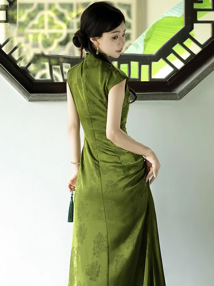 Summer Women Daily Green Jacquard Slim Cheongsam Dresses