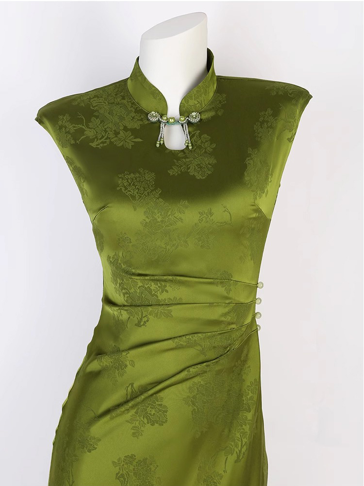 Summer Women Daily Green Jacquard Slim Cheongsam Dresses