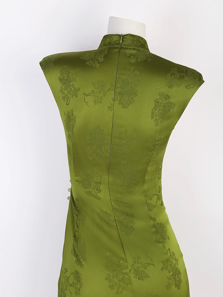 Summer Women Daily Green Jacquard Slim Cheongsam Dresses