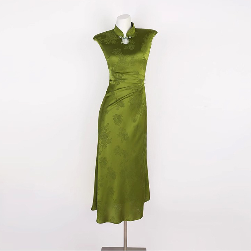 Summer Women Daily Green Jacquard Slim Cheongsam Dresses