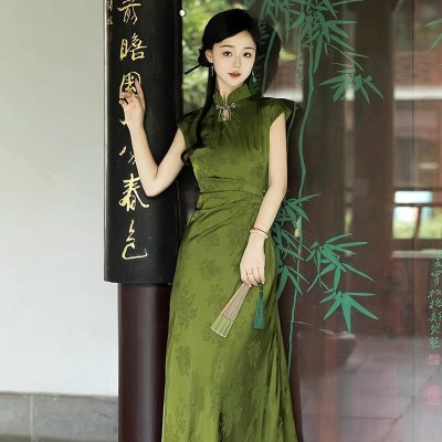 Summer Women Daily Green Jacquard Slim Cheongsam Dresses