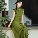 Summer Women Daily Green Jacquard Slim Cheongsam Dresses