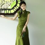 Summer Women Daily Green Jacquard Slim Cheongsam Dresses