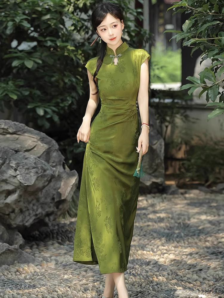 Summer Women Daily Green Jacquard Slim Cheongsam Dresses