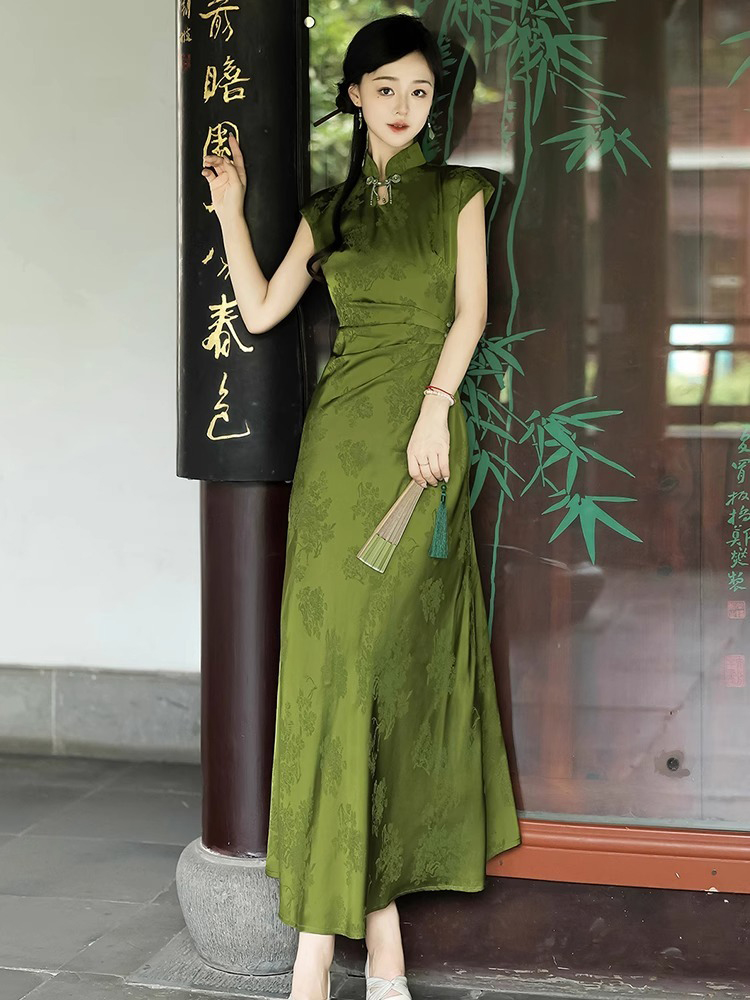 Summer Women Daily Green Jacquard Slim Cheongsam Dresses