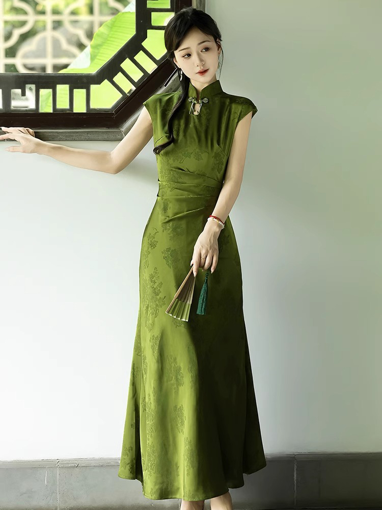 Summer Women Daily Green Jacquard Slim Cheongsam Dresses