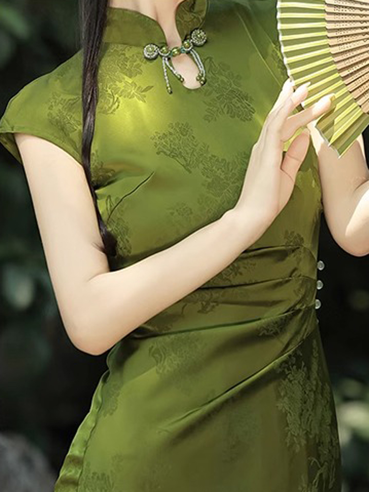 Summer Women Daily Green Jacquard Slim Cheongsam Dresses