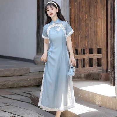 Women Blue Cheongsam Suit New Daily Wear Slim Dresses