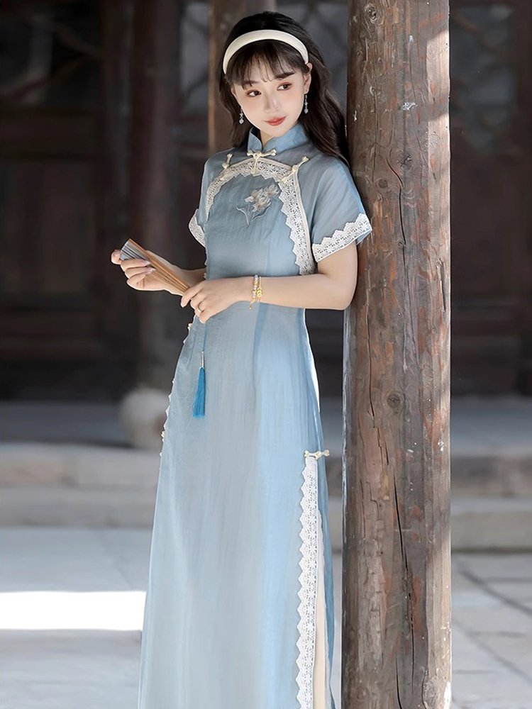 Women Blue Cheongsam Suit New Daily Wear Slim Dresses