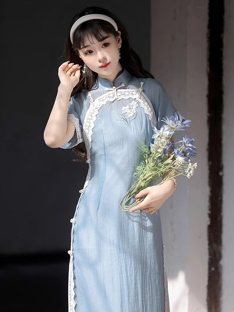 Women Blue Cheongsam Suit New Daily Wear Slim Dresses