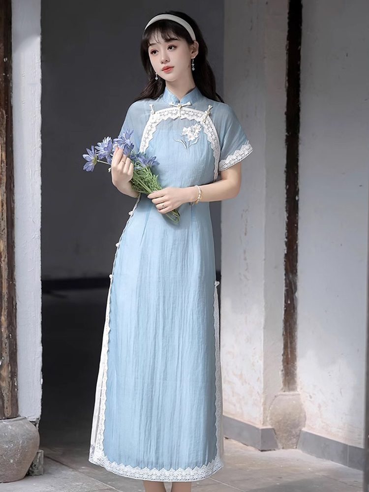 Women Blue Cheongsam Suit New Daily Wear Slim Dresses