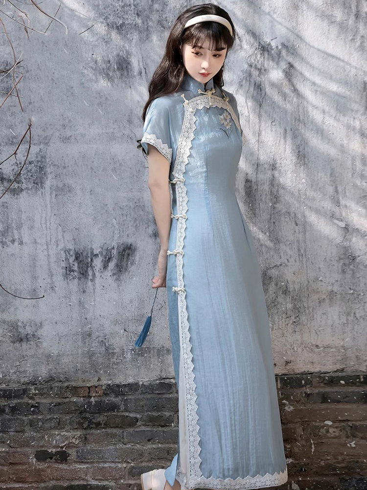 Women Blue Cheongsam Suit New Daily Wear Slim Dresses