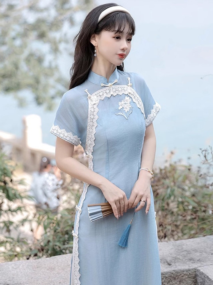 Women Blue Cheongsam Suit New Daily Wear Slim Dresses