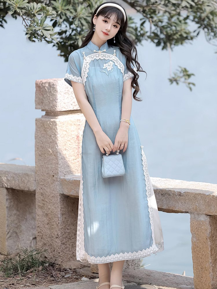 Women Blue Cheongsam Suit New Daily Wear Slim Dresses