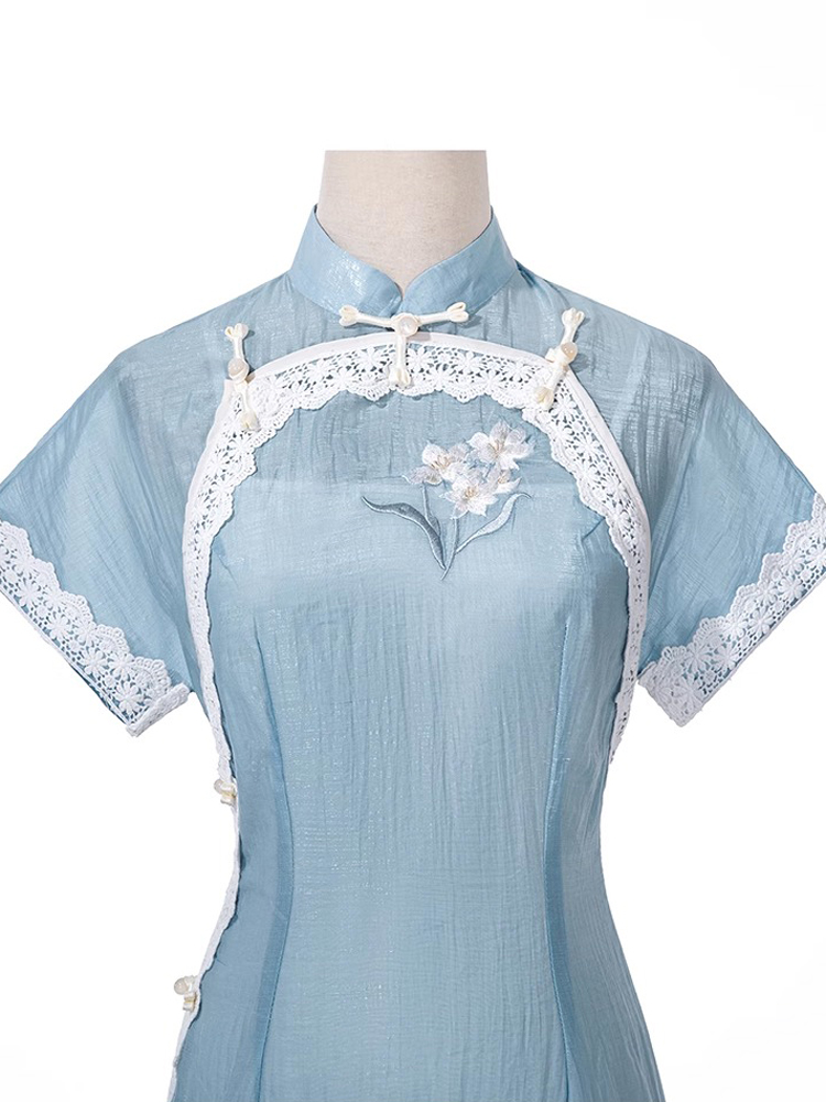 Women Blue Cheongsam Suit New Daily Wear Slim Dresses