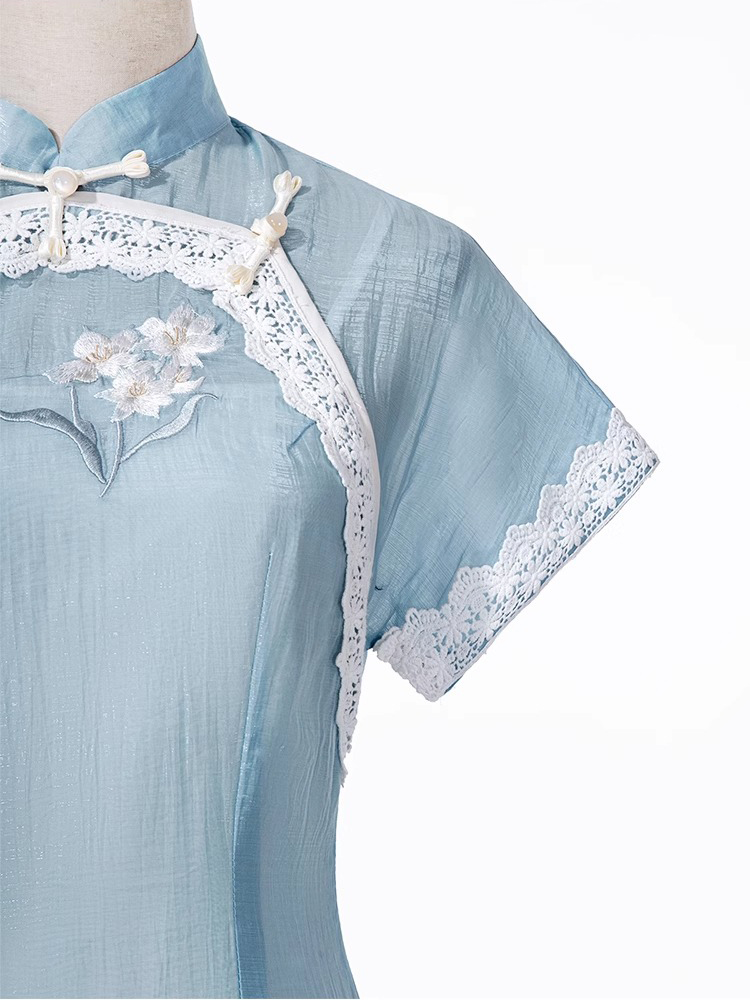 Women Blue Cheongsam Suit New Daily Wear Slim Dresses