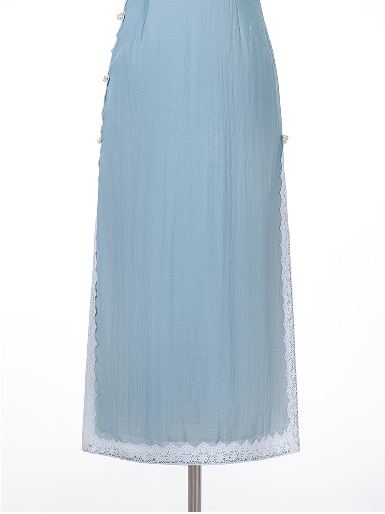 Women Blue Cheongsam Suit New Daily Wear Slim Dresses