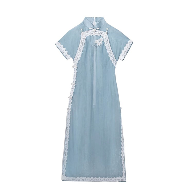 Women Blue Cheongsam Suit New Daily Wear Slim Dresses