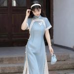 Women Blue Cheongsam Suit New Daily Wear Slim Dresses