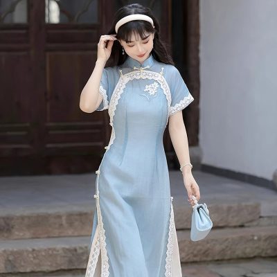 Women Blue Cheongsam Suit New Daily Wear Slim Dresses