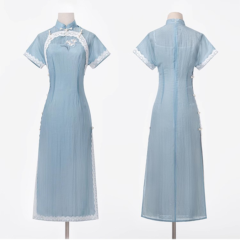 Women Blue Cheongsam Suit New Daily Wear Slim Dresses