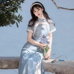 Women Blue Cheongsam Suit New Daily Wear Slim Dresses