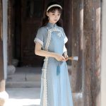 Women Blue Cheongsam Suit New Daily Wear Slim Dresses