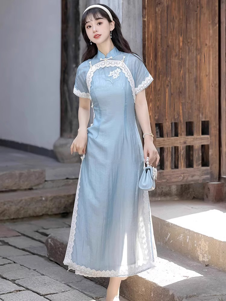 Women Blue Cheongsam Suit New Daily Wear Slim Dresses