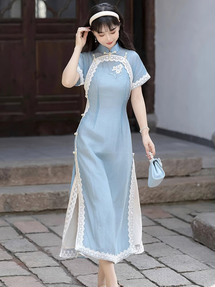 Women Blue Cheongsam Suit New Daily Wear Slim Dresses