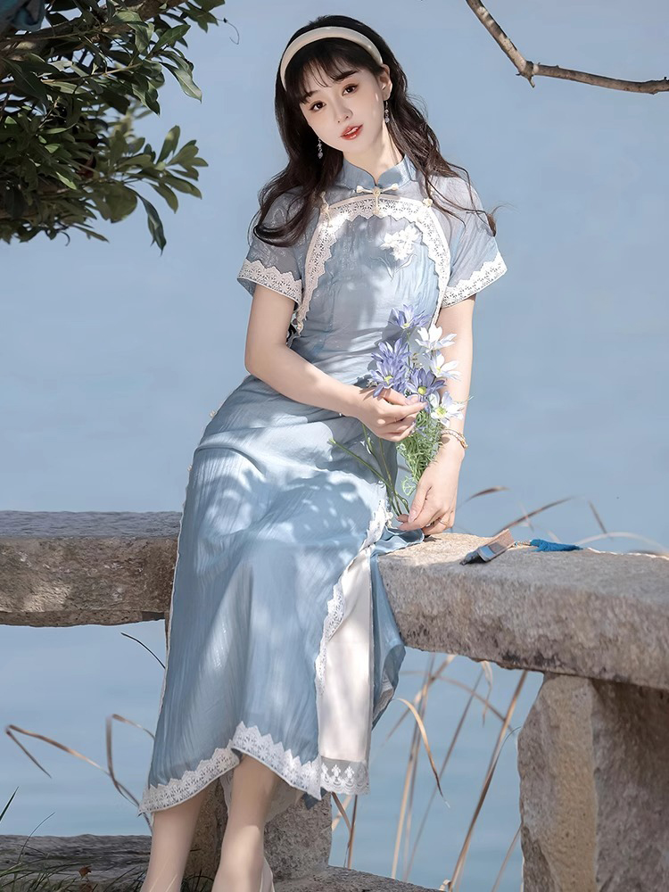 Women Blue Cheongsam Suit New Daily Wear Slim Dresses