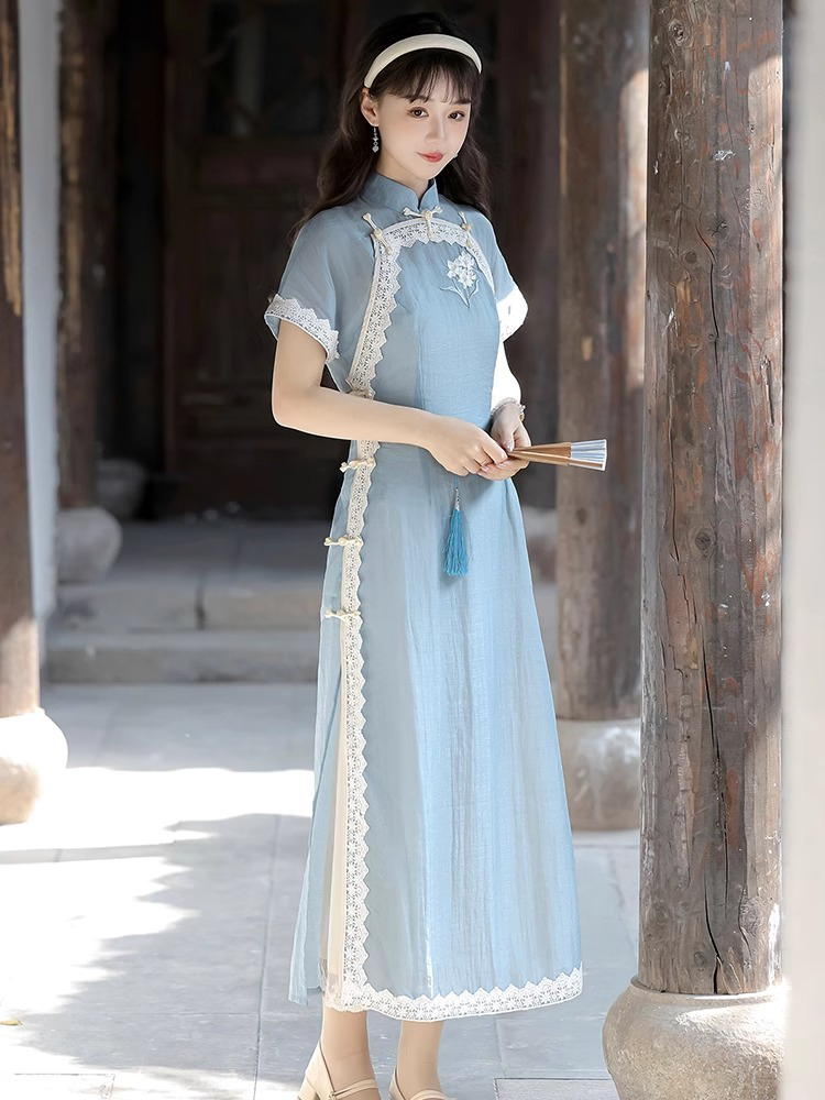 Women Blue Cheongsam Suit New Daily Wear Slim Dresses