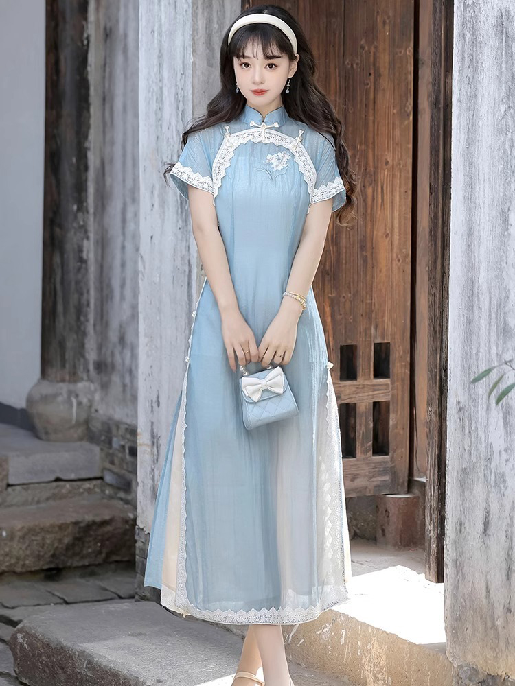 Women Blue Cheongsam Suit New Daily Wear Slim Dresses